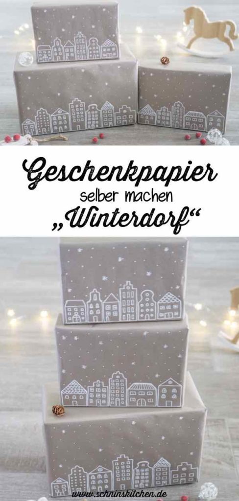 DIY Geschenkpapier selber machen mit niedlichem Winterdorf für Weihnachten | www.schninskitchen.de